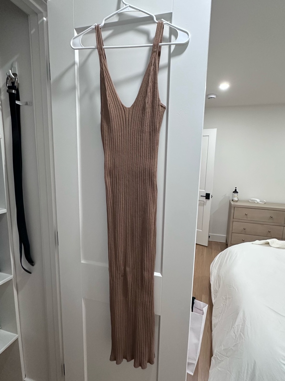 H&M Ribbed V-Neck Maxi Dress in Taupe Brown